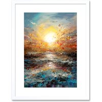 Artery8 Wall Art Print Sunrise at Sea Abstract Seascape Splatter Artwork Framed 9X7 Inch in White | Size: W7" x H9"