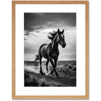 Artery8 Wall Art Print Horse Galloping Desert Landscape Black & White Artwork Framed 9X7 Inch in Beige | Size: W7" x H9"