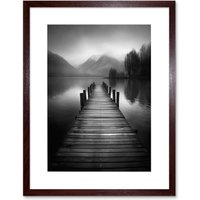 Artery8 Wall Art Print Lake Pier Mountain Landscape Black & White Photo Artwork Framed 9X7 Inch in Brown | Size: W7" x H9"