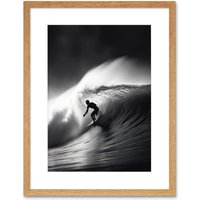 Artery8 Wall Art Print Surfer Riding a Big Wave Black & White Photo Artwork Framed 9X7 Inch in Beige | Size: W7" x H9"