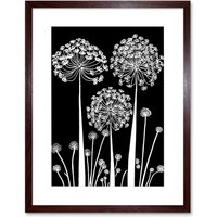 Artery8 Wall Art Print Allium Flowers Black & White Contour Folk Artwork Framed 9X7 Inch in Brown | Size: W7" x H9"
