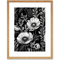 Artery8 Wall Art Print Poppy Wild Flower Pattern Black & White Linocut Artwork Framed 9X7 Inch in Beige | Size: W7" x H9"