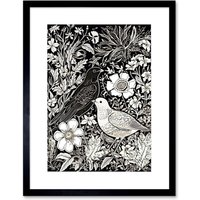 Artery8 Wall Art Print Birds on Flower Bed Garden Black & White Linocut Artwork Framed 9X7 Inch | Size: W7" x H9"