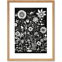Artery8 Wall Art Print Black & White Wild Flower Contour Pattern Artwork Framed 9X7 Inch in Beige | Size: W7" x H9"