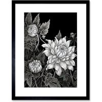Artery8 Wall Art Print Detailed Black & White Dahlia Flower Blooms Artwork Framed 9X7 Inch | Size: W7" x H9"