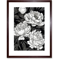 Artery8 Wall Art Print Peony Flower Blooms White on Black Artwork Framed 9X7 Inch in Brown | Size: W7" x H9"