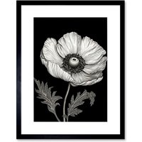 Artery8 Wall Art Print White on Black Single Detailed Anemone Flower Artwork Framed 9X7 Inch | Size: W7" x H9"