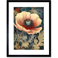 Artery8 Wall Art Print William Morris Style Peach Anemone Flower Bloom Artwork Framed 9X7 Inch in Black | Size: W7" x H9"