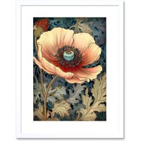 Artery8 Wall Art Print William Morris Style Peach Anemone Flower Bloom Artwork Framed 9X7 Inch in White | Size: W7" x H9"