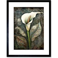 Artery8 Wall Art Print Calla Lily Flower Bloom with Batik Style Patterns Artwork Framed 9X7 Inch in Black | Size: W7" x H9"