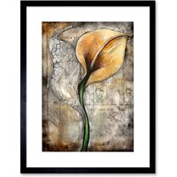 Artery8 Wall Art Print Batik Style Pattern Calla Lily Flower Bloom Artwork Framed 9X7 Inch in Black | Size: W7" x H9"