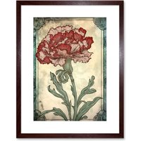Artery8 Wall Art Print Red Carnation Flower Bloom Watercolour Art Nouveau Artwork Framed 9X7 Inch in Brown | Size: W7" x H9"