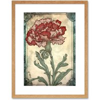 Artery8 Wall Art Print Red Carnation Flower Bloom Watercolour Art Nouveau Artwork Framed 9X7 Inch in Beige | Size: W7" x H9"