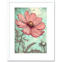 Artery8 Wall Art Print Cosmos Flower Bloom Soft Pink & Teal Watercolour Artwork Framed 9X7 Inch in White | Size: W7" x H9"