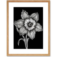 Artery8 Wall Art Print Black & White Daffodil with Batik Style Petals Artwork Framed 9X7 Inch in Beige | Size: W7" x H9"
