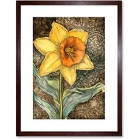 Artery8 Wall Art Print Detailed Daffodil Flower Watercolour Art Nouveau Artwork Framed 9X7 Inch in Brown | Size: W7" x H9"