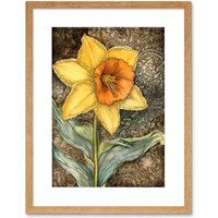 Artery8 Wall Art Print Detailed Daffodil Flower Watercolour Art Nouveau Artwork Framed 9X7 Inch in Beige | Size: W7" x H9"