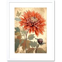 Artery8 Wall Art Print Pastel Colour Orange Dahlia Flower with Patterns Artwork Framed 9X7 Inch in White | Size: W7" x H9"