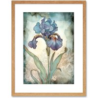 Artery8 Wall Art Print A Single Iris Flower Watercolour Artwork Framed 9X7 Inch in Beige | Size: W7" x H9"