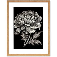 Artery8 Wall Art Print A Single Marigold Flower Black & White Linocut Artwork Framed 9X7 Inch in Beige | Size: W7" x H9"