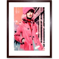 Artery8 Wall Art Print Downtown Woman in Retro Pink City Fashion Artwork Framed 9X7 Inch in Brown | Size: W7" x H9"