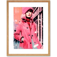Artery8 Wall Art Print Downtown Woman in Retro Pink City Fashion Artwork Framed 9X7 Inch in Beige | Size: W7" x H9"