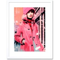 Artery8 Wall Art Print Downtown Woman in Retro Pink City Fashion Artwork Framed 9X7 Inch in White | Size: W7" x H9"