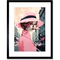 Artery8 Wall Art Print Woman in Downtown Street Retro Fashion Pink Artwork Framed 9X7 Inch in Black | Size: W7" x H9"