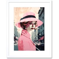 Artery8 Wall Art Print Woman in Downtown Street Retro Fashion Pink Artwork Framed 9X7 Inch in White | Size: W7" x H9"