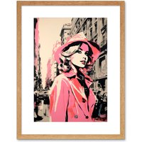 Artery8 Wall Art Print Retro Fashion Woman with Hat & Pink Trench Coat Artwork Framed 9X7 Inch in Beige | Size: W7" x H9"