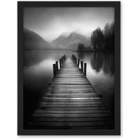 Artery8 Wall Art Print Lake Pier Mountain Landscape Black & White Photo Large Framed Wall Décor Art | Size: W18" x H24"