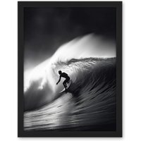 Artery8 Wall Art Print Surfer Riding a Big Wave Black & White Photo Large Framed Wall Décor Art in Brown | Size: W18" x H24"