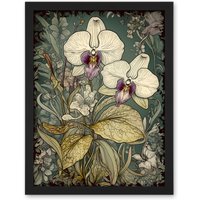 Artery8 Wall Art Print William Morris Style White & Purple Orchid Large Framed Wall Dรฉcor Art | Size: W18" x H24"