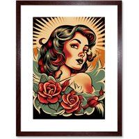 Artery8 Wall Art Print Pin Up Roses Retro Tattoo Ink Body Art Rockabilly Americana 50s Artwork Framed 9X7 Inch in Brown | Size: W7" x H9"