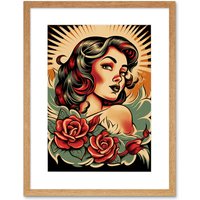 Artery8 Wall Art Print Pin Up Roses Retro Tattoo Ink Body Art Rockabilly Americana 50s Artwork Framed 9X7 Inch in Beige | Size: W7" x H9"