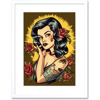 Artery8 Wall Art Print Retro Tattoo Ink Body Art Pin Up Roses Sun Rockabilly Americana 50s Artwork Framed 9X7 Inch in White | Size: W7" x H9"