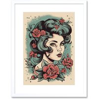 Artery8 Wall Art Print Woman Rose Flowers Pin Up Rockabilly Americana 50s Artwork Framed 9X7 Inch in White | Size: W7" x H9"