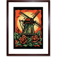Artery8 Wall Art Print Dutch Windmill & Roses Tattoo Ink Body Art Rockabilly Americana 50s Artwork Framed 9X7 Inch in Brown | Size: W7" x H9"
