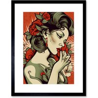 Artery8 Wall Art Print Femme Fatale Roses Pin Up Rockabilly Americana 50s Artwork Framed 9X7 Inch in Black | Size: W7" x H9"