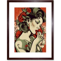 Artery8 Wall Art Print Femme Fatale Roses Pin Up Rockabilly Americana 50s Artwork Framed 9X7 Inch in Brown | Size: W7" x H9"