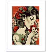 Artery8 Wall Art Print Femme Fatale Roses Pin Up Rockabilly Americana 50s Artwork Framed 9X7 Inch in White | Size: W7" x H9"