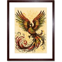 Artery8 Wall Art Print Phoenix Emerging from Flames Tattoo Ink Body Art Rockabilly Americana 50s Artwork Framed 9X7 Inch in Brown | Size: W7" x H9"