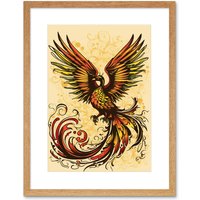 Artery8 Wall Art Print Phoenix Emerging from Flames Tattoo Ink Body Art Rockabilly Americana 50s Artwork Framed 9X7 Inch in Beige | Size: W7" x H9"