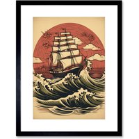 Artery8 Wall Art Print Ship Sailing in Rough Sea Waves Retro Rockabilly Americana 50s Artwork Framed 9X7 Inch in Black | Size: W7" x H9"