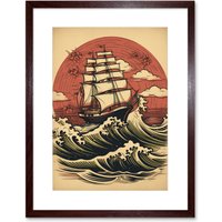 Artery8 Wall Art Print Ship Sailing in Rough Sea Waves Retro Rockabilly Americana 50s Artwork Framed 9X7 Inch in Brown | Size: W7" x H9"