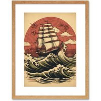 Artery8 Wall Art Print Ship Sailing in Rough Sea Waves Retro Rockabilly Americana 50s Artwork Framed 9X7 Inch in Beige | Size: W7" x H9"