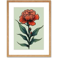 Artery8 Wall Art Print Carnation Old School Flower Tattoo Ink Body Art Rockabilly Americana 50s Artwork Framed 9X7 Inch in Beige | Size: W7" x H9"