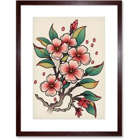 Artery8 Wall Art Print Cherry Blossom Branch Flowers Tattoo Ink Body Art Rockabilly Americana 50s Artwork Framed 9X7 Inch in Brown | Size: W7" x H9"
