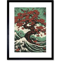 Artery8 Wall Art Print Japan Cherry Blossom Tree & Wavy Sea Rockabilly Americana 50s Artwork Framed 9X7 Inch in Black | Size: W7" x H9"