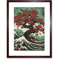 Artery8 Wall Art Print Japan Cherry Blossom Tree & Wavy Sea Rockabilly Americana 50s Artwork Framed 9X7 Inch in Brown | Size: W7" x H9"